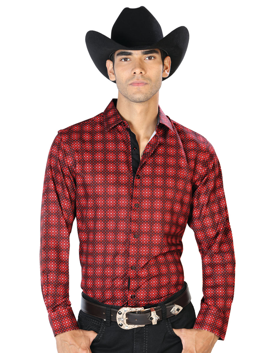 Camisa Vaquera de Hombre El Señor de los Cielos Manga Larga Casual en 97% Poliéster 3% Spandex Color Rojo 43552