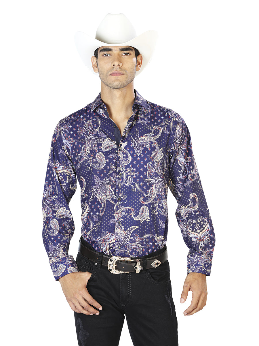 Camisa Vaquera de Hombre El Señor de los Cielos Manga Larga Casual en 97% Poliéster 3% Spandex Color Azul/Amarillo 43554