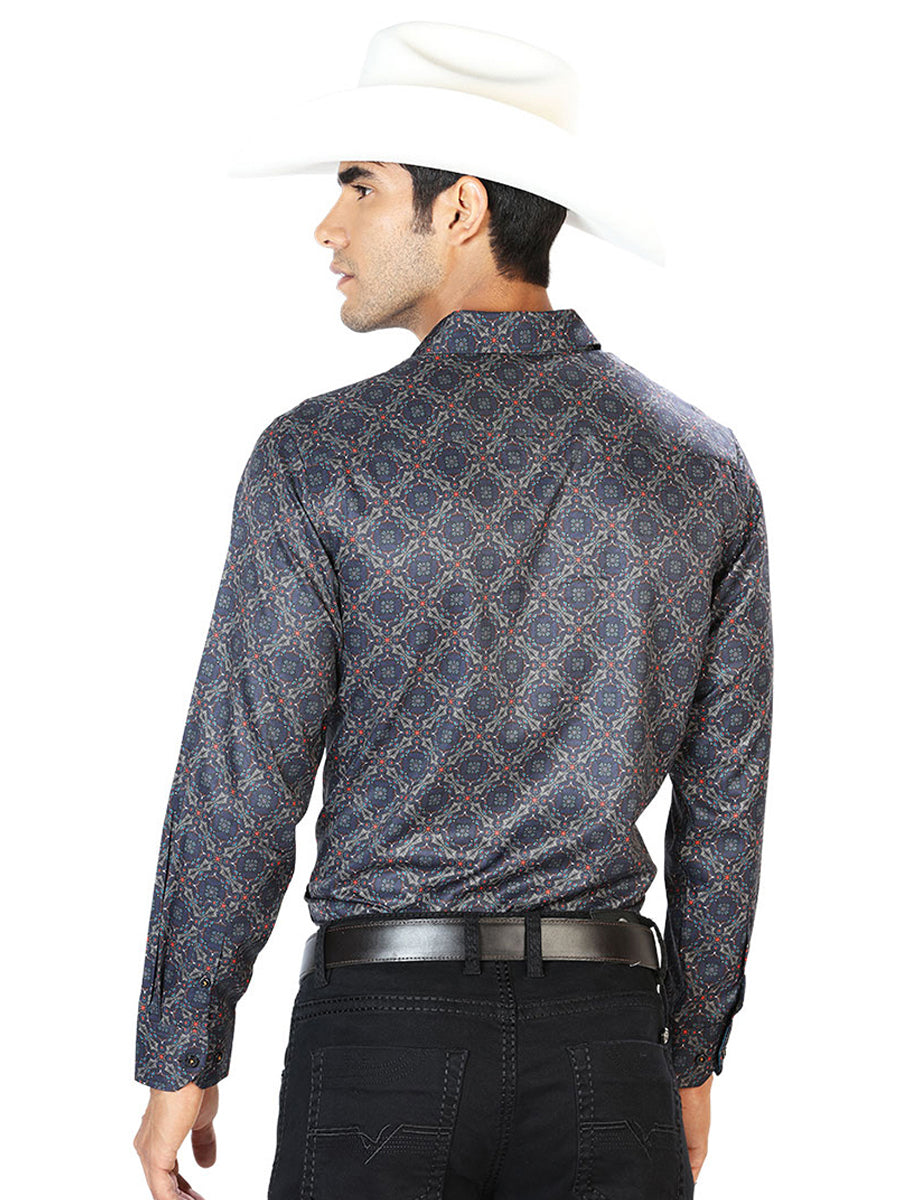 Camisa Vaquera de Hombre El Señor de los Cielos Manga Larga Casual en 97% Poliéster 3% Spandex Color Negro/Dorado 43556