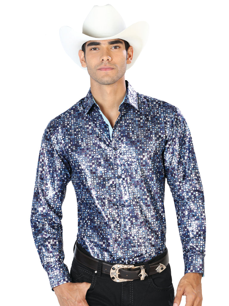 Camisa Vaquera de Hombre El Señor de los Cielos Manga Larga Casual en 97% Poliéster 3% Spandex Color Azul Marino 43565