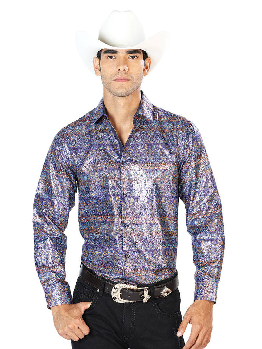 Camisa Vaquera de Hombre El Señor de los Cielos Manga Larga Casual en 97% Poliéster 3% Spandex Color Azul Marino 43567