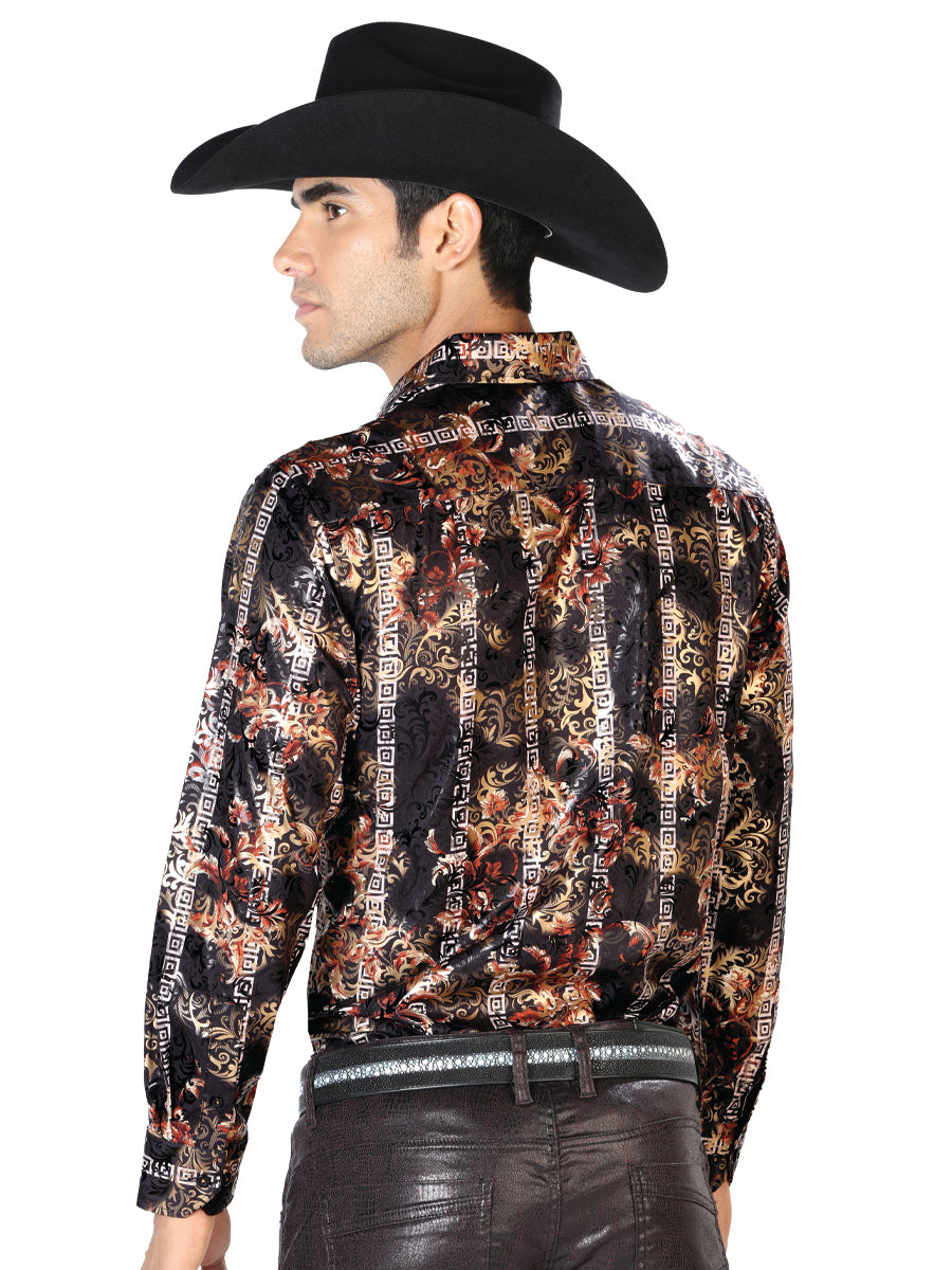 Camisa Vaquera de Hombre El Señor de los Cielos WH-104 Manga Larga Casual en 97% Poliéster 3% Spandex Color Negro/Dorado 43568