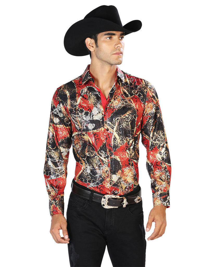 Camisa Vaquera de Hombre El Señor de los Cielos Manga Larga Casual en 97% Poliéster 3% Spandex Color Negro/Rojo 43569