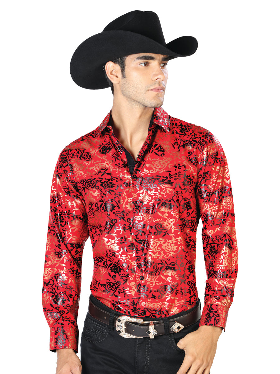 Camisa Vaquera de Hombre El Señor de los Cielos Manga Larga Casual en 97% Poliéster 3% Spandex Color Rojo/Dorado 43572
