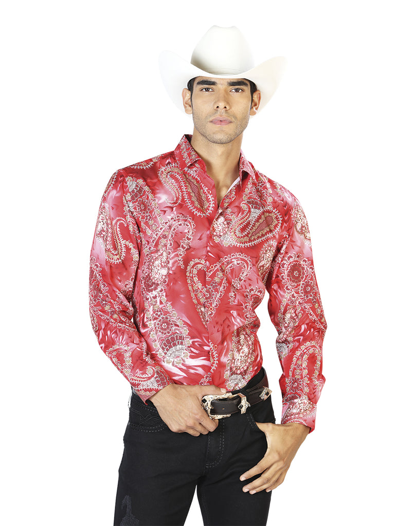 Camisa Vaquera de Hombre El Señor de los Cielos Manga Larga Casual en 97% Poliéster 3% Spandex Color Rojo 43578