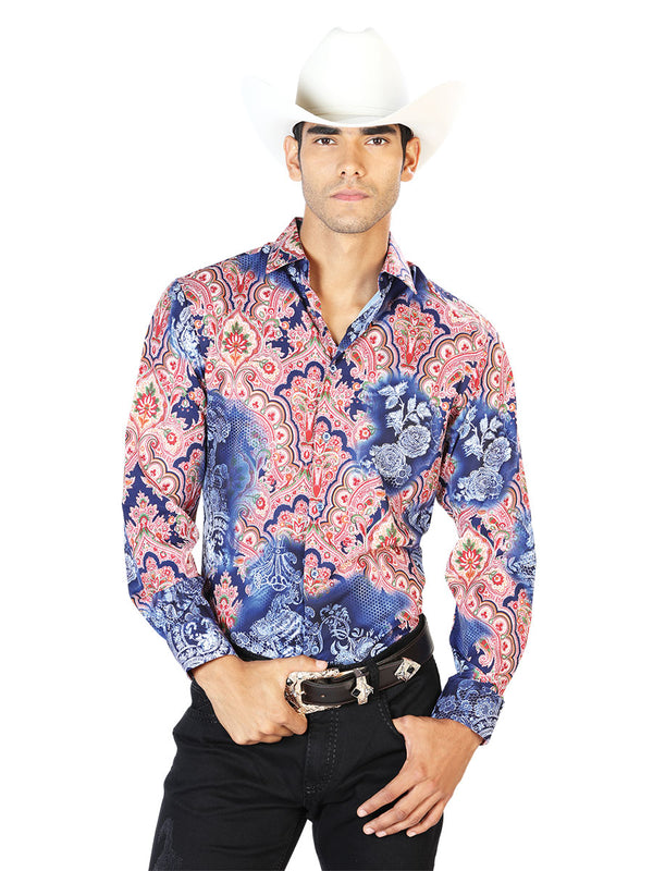 Camisa Vaquera de Hombre El Señor de los Cielos Manga Larga Casual en 97% Poliéster 3% Spandex Color Azul/Rojo/Dorado 43580