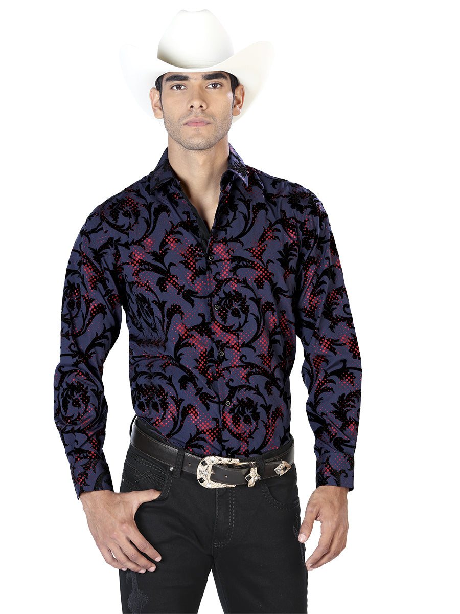 Camisa Vaquera de Hombre El Señor de los Cielos Manga Larga Casual en 97% Poliéster 3% Spandex Color Azul Marino 43584