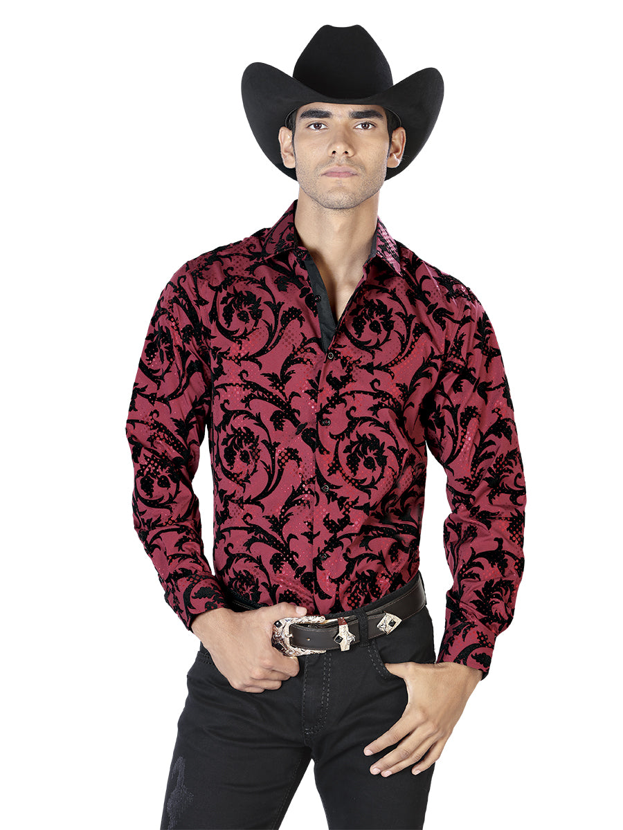 Camisa Vaquera de Hombre El Señor de los Cielos Manga Larga Casual en 97% Poliéster 3% Spandex Color Vino 43585