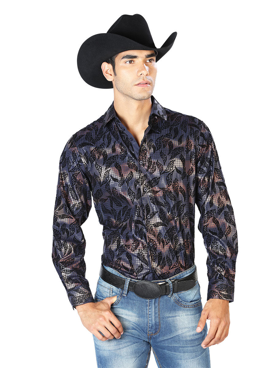 Camisa Vaquera de Hombre El Señor de los Cielos Manga Larga Casual en 97% Poliéster 3% Spandex Color Azul Marino 43589