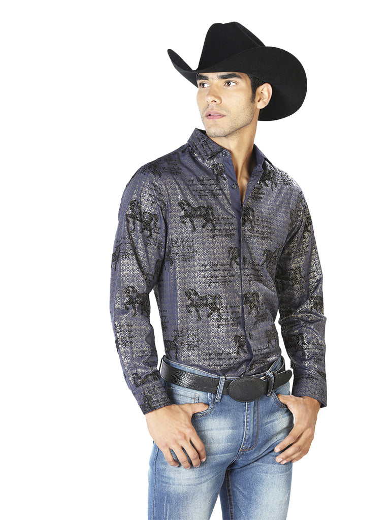 Camisa Vaquera de Hombre El Señor de los Cielos Manga Larga Casual en 97% Poliéster 3% Spandex Color Azul Marino 43598