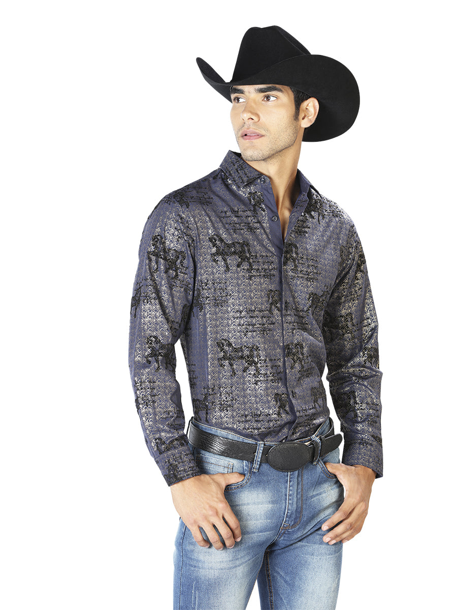Camisa Vaquera de Hombre El Señor de los Cielos Manga Larga Casual en 97% Poliéster 3% Spandex Color Azul Marino 43598