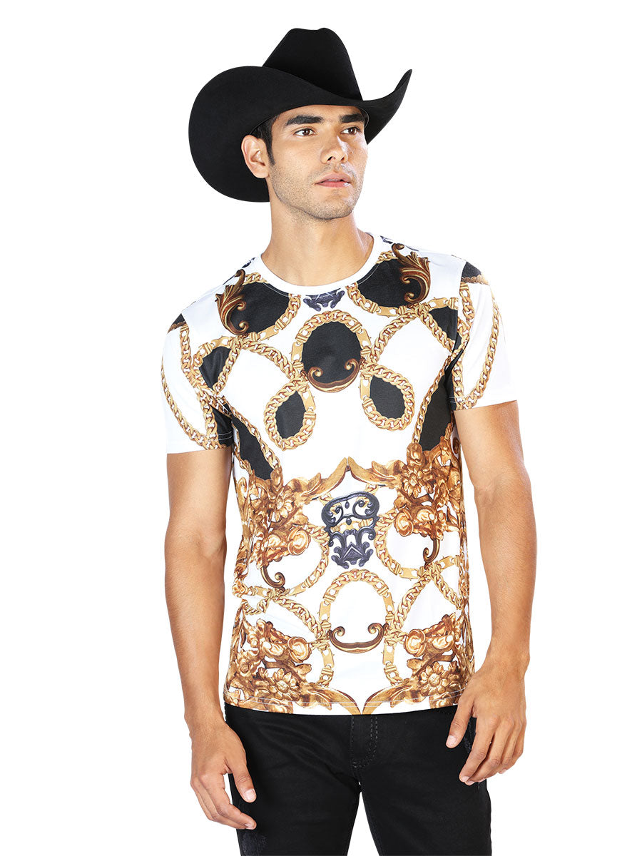 Camisa Vaquera de Hombre El Señor de los Cielos T-shirt S/sleeve WH-068 en 97% Poliéster 3% Spandex Color Blanco/Negro/Dorado 43607