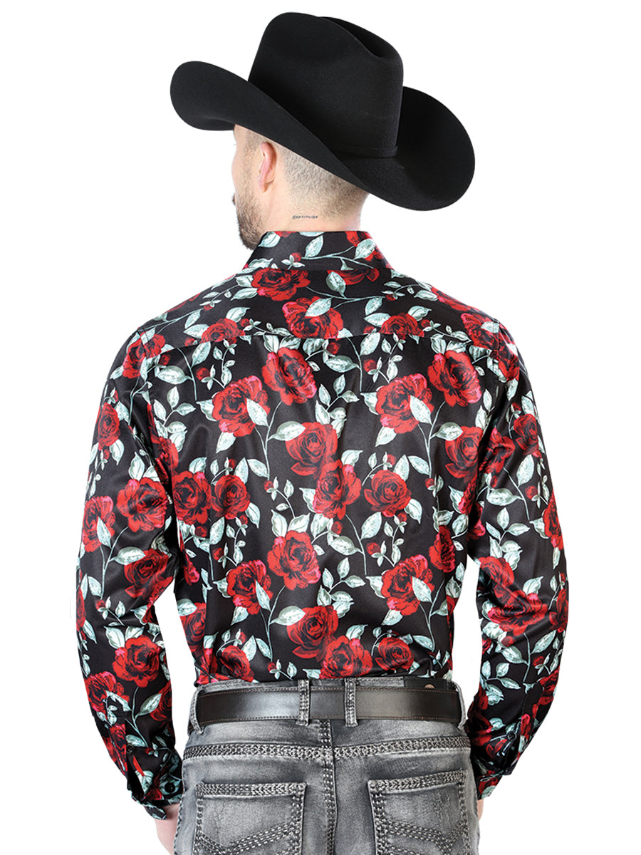 Camisa Vaquera de Hombre El Señor de los Cielos Manga Larga Casual en 97% Poliéster 3% Lycra Color Negro/Rojo 43667