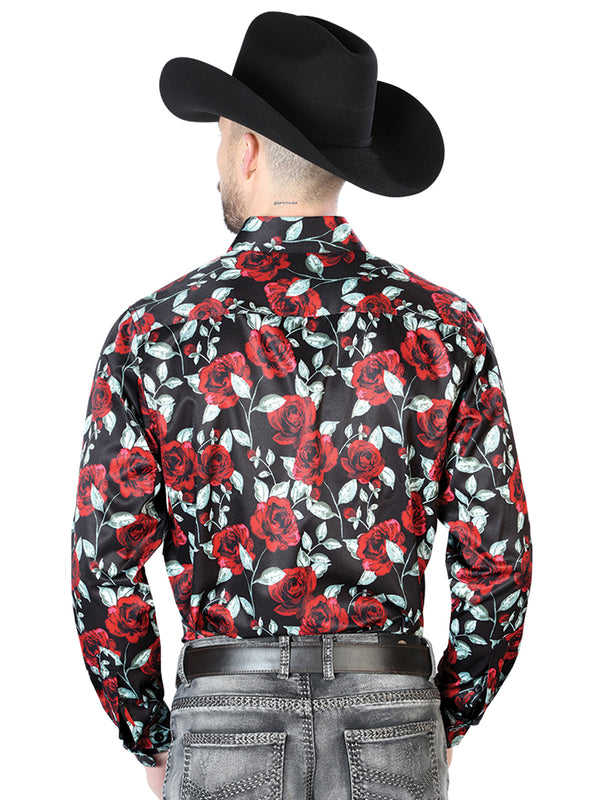 Negro con Rojo Roses Casual Manga Larga Camisa 43667