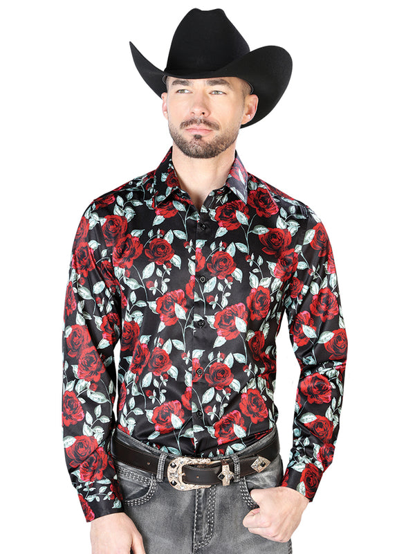 Negro con Rojo Roses Casual Manga Larga Camisa 43667