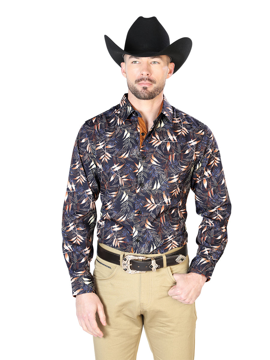 Camisa Vaquera de Hombre El Señor de los Cielos Manga Larga Casual en 95% Poliéster 5% Spandex Color Negro/Dorado 43691