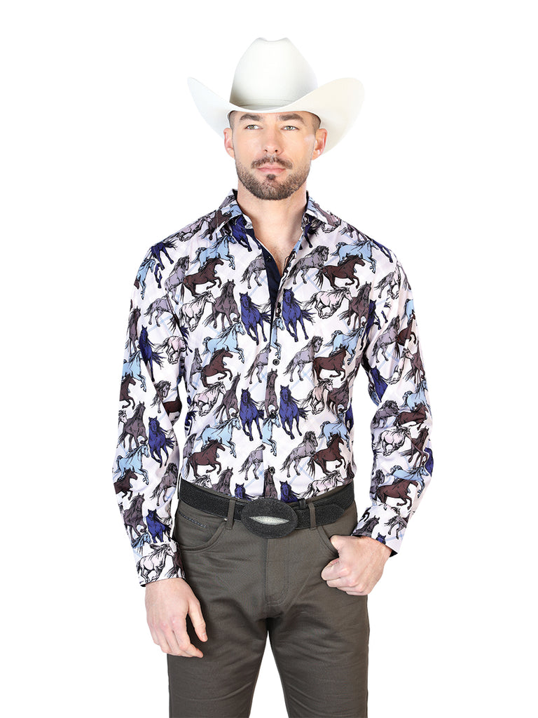 Camisa Vaquera de Hombre El Señor de los Cielos Manga Larga Casual en 95% Poliéster 5% Spandex 43692
