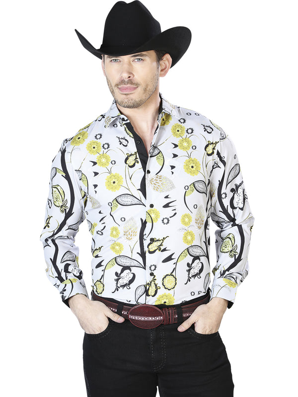 Gris y Amarillo Casual Manga Larga Camisa 43697