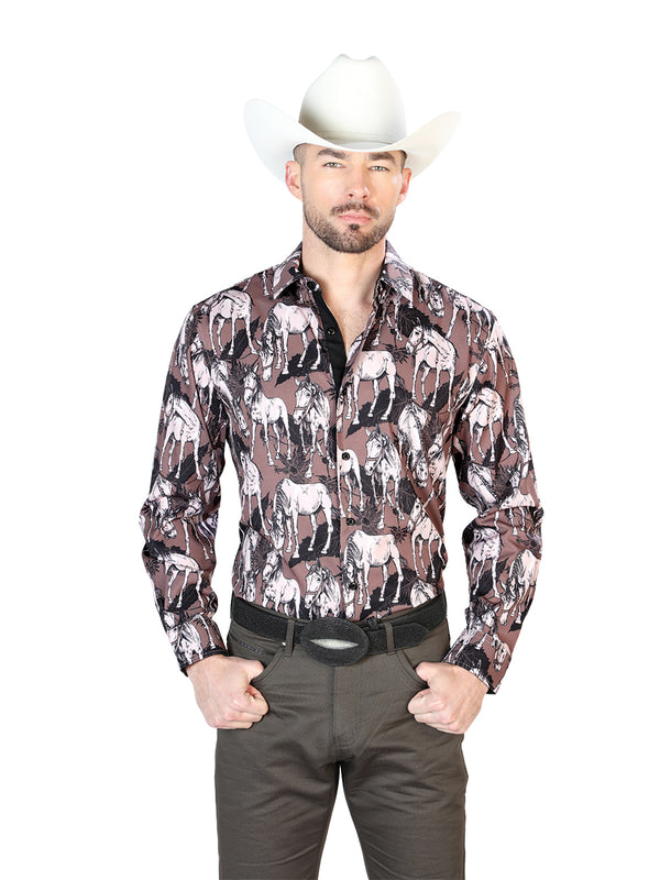 Negro y Beige Estampado de Caballo Manga Larga Camisa 43699