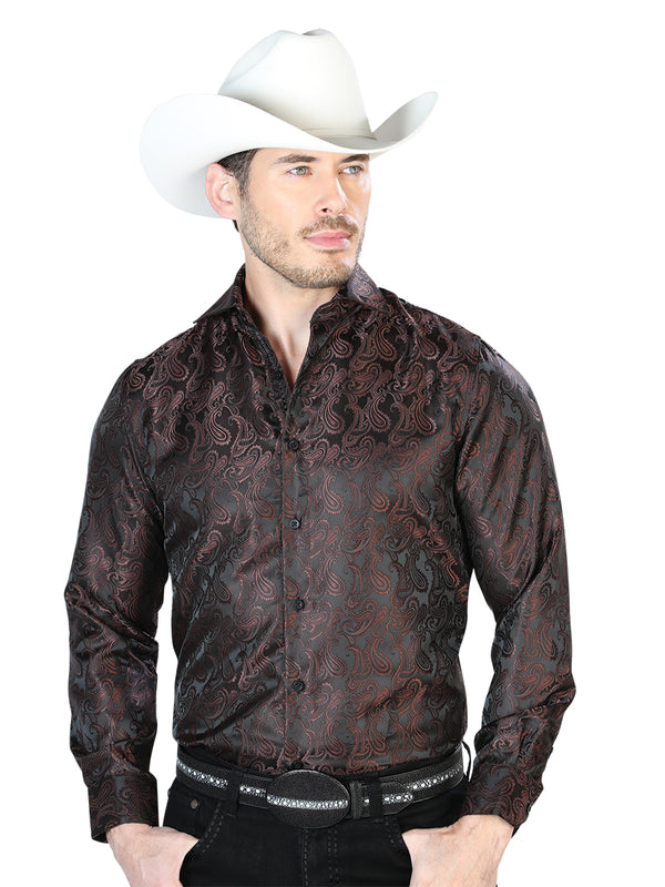 Camisa Vaquera de Hombre El Señor de los Cielos Manga Larga Casual en 100% Microfibra (Poliéster) Color Café 43712