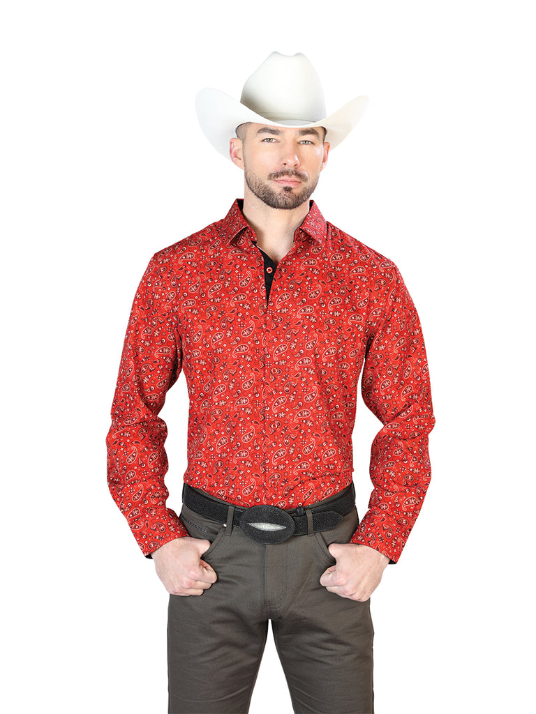 Camisa Vaquera de Hombre El Señor de los Cielos Manga Larga Casual en 95% Poliéster 5% Spandex Color Rojo 43716