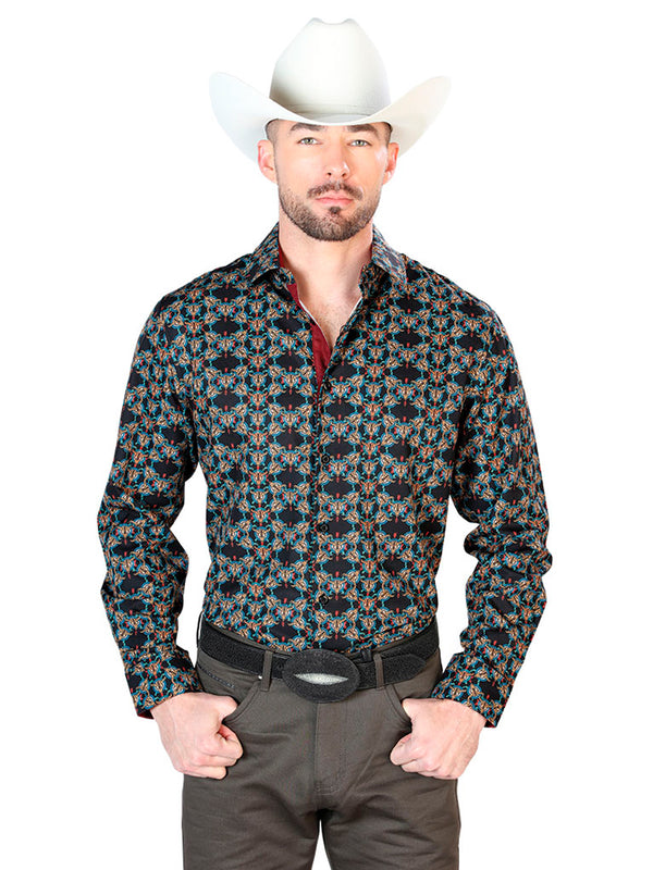 Camisa Vaquera de Hombre El Señor de los Cielos Manga Larga Casual en 95% Poliéster 5% Spandex Color Negro/Dorado 43717