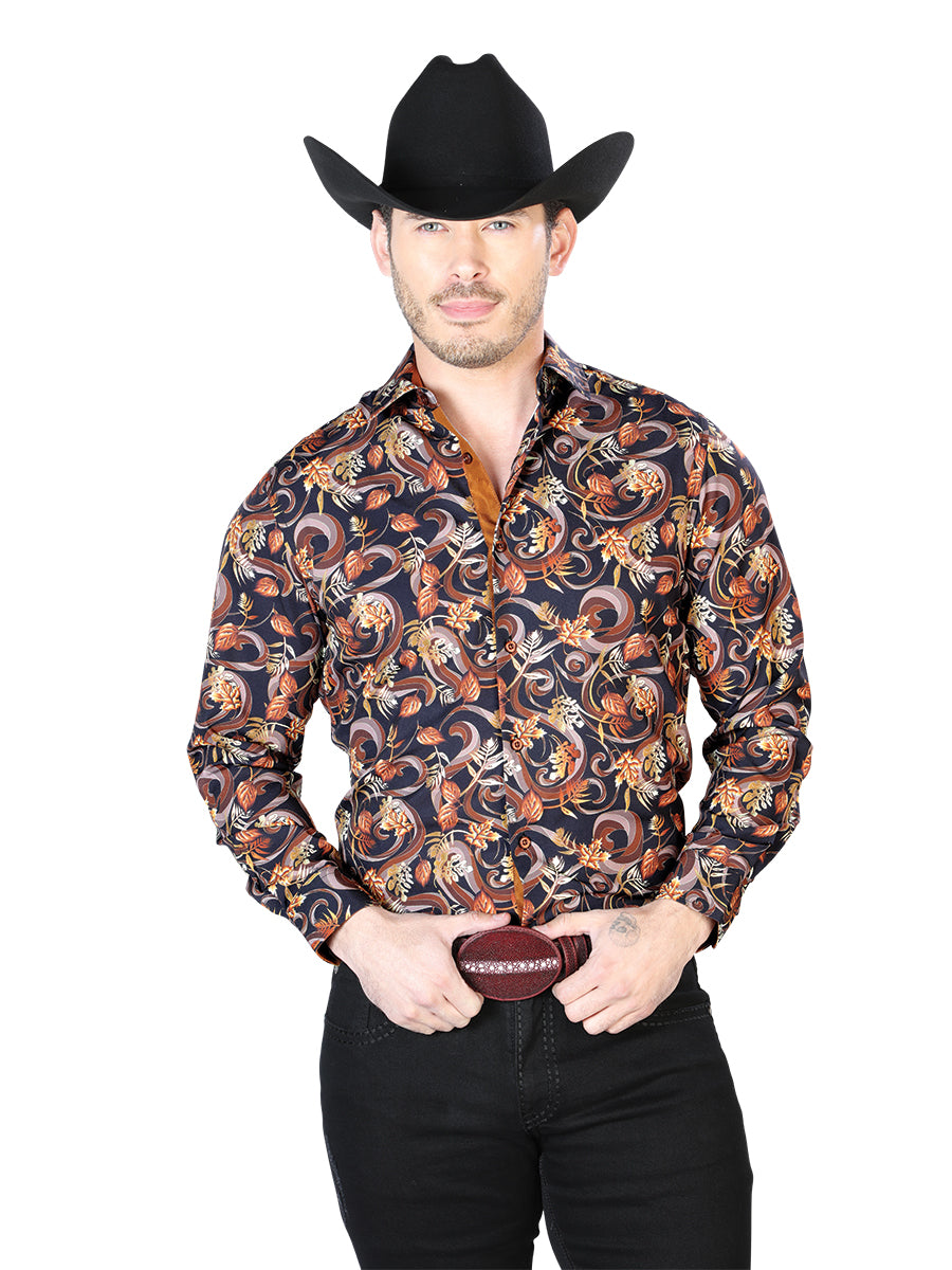 Camisa Vaquera de Hombre El Señor de los Cielos Manga Larga Casual en 95% Poliéster 5% Spandex Color Negro/Dorado 43719