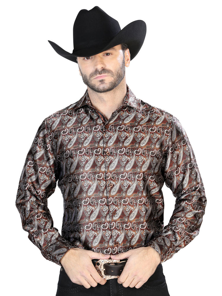 Camisa Vaquera de Hombre El Señor de los Cielos Manga Larga Casual en 100% Microfibra (Poliéster) Color Café 43751