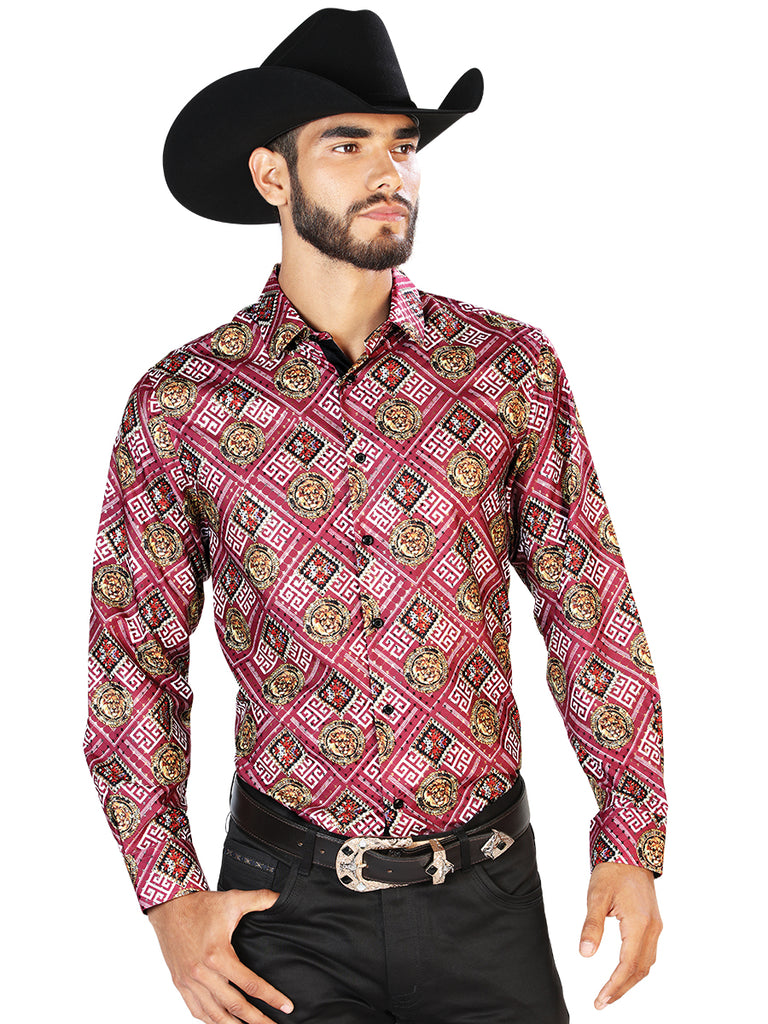 Camisa Vaquera de Hombre El Señor de los Cielos WH7-287 Manga Larga Casual en 100% Poliéster Color Vino 43770