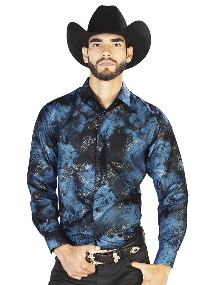 Camisa Casual L/ Manga El Señor De Los Cielos Wh7-015 100% Poliéster Azul Negro 43771