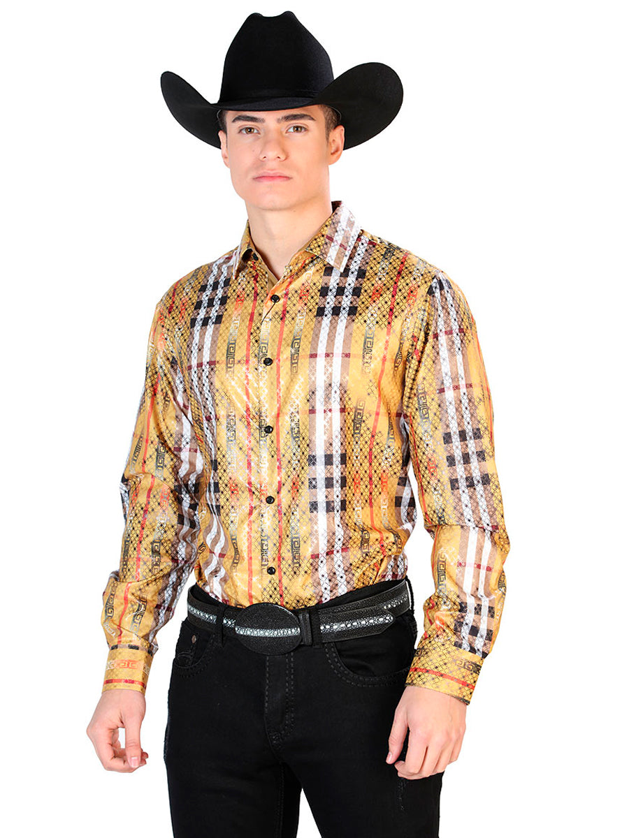 Camisa Casual L/ Manga El Señor De Los Cielos Wh7-303 100% Poliéster Amarillo/Negro 43784