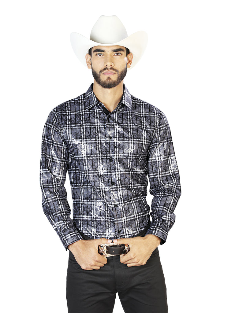 Camisa Casual L/ Manga El Señor De Los Cielos Wh7-184 100% Poliester Gris 43789