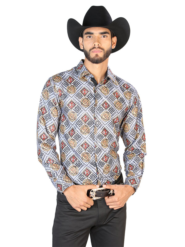 Camisa Casual Manga Larga El Señor De Los Cielos Wh7-290 100% Poliester Oro/Blanco 43790