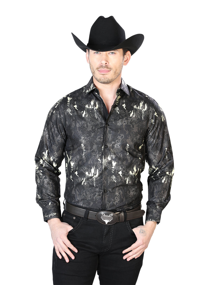 Camisa Vaquera de Hombre El Señor de los Cielos WH7-044 Manga Larga Casual en 100% Poliéster Color Negro 43817