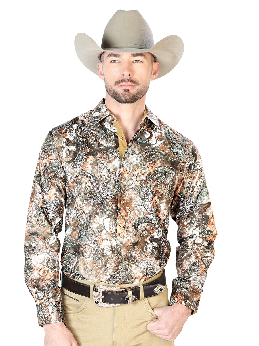 Camisa Vaquera de Hombre El Señor de los Cielos WH7-021 Manga Larga Casual en 100% Poliéster Color Negro/Multicolor 43820
