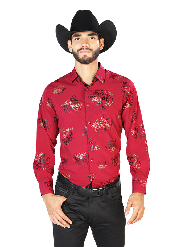Camisa Vaquera de Hombre El Señor de los Cielos Manga Larga Casual en 97% Poliéster 3% Spandex Color Rojo 43829