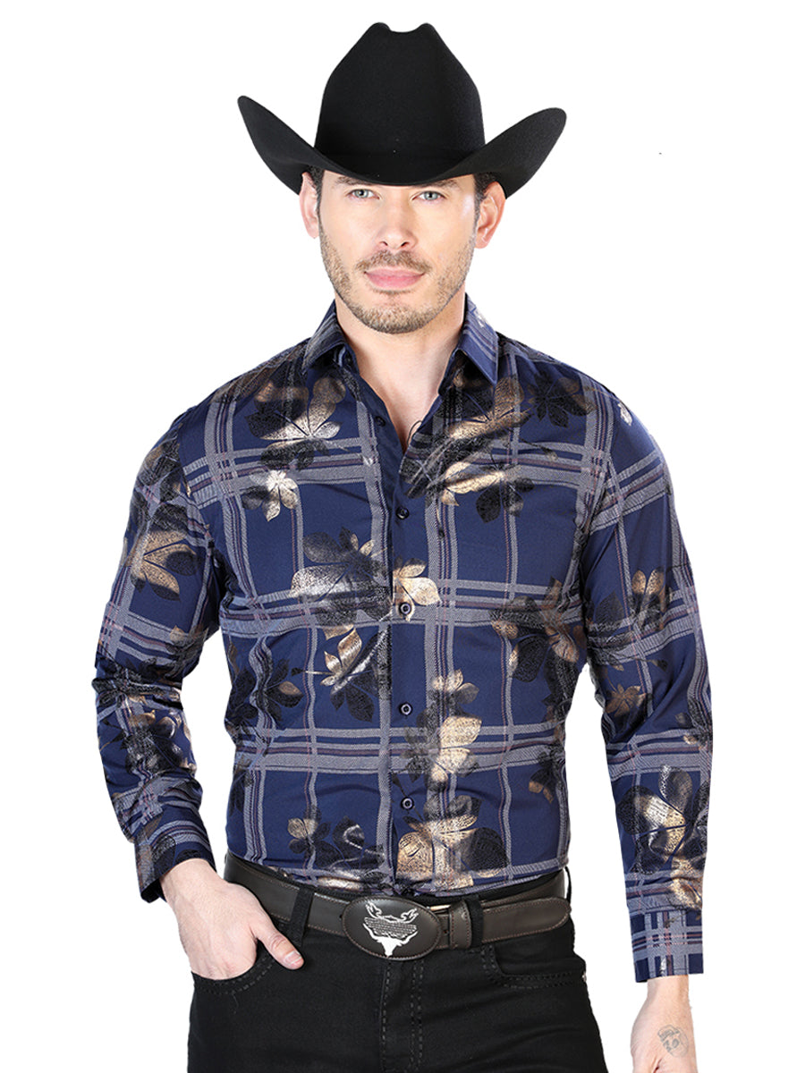 Camisa Vaquera de Hombre El Señor de los Cielos Manga Larga Casual en 97% Poliéster 3% Spandex Color Azul Marino 43837