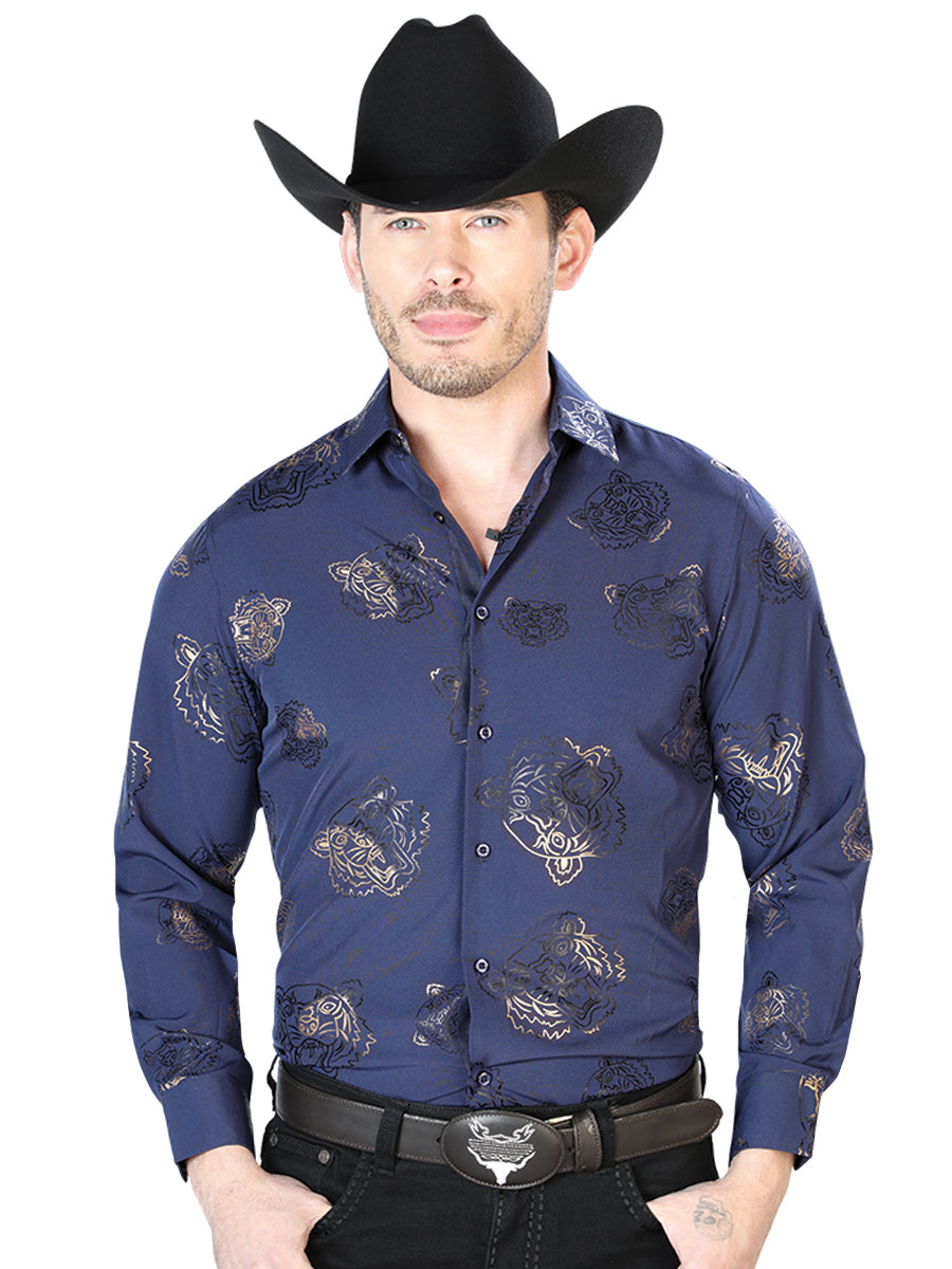 Camisa Vaquera de Hombre El Señor de los Cielos Manga Larga Casual en 97% Poliéster 3% Spandex Color Azul Marino 43843