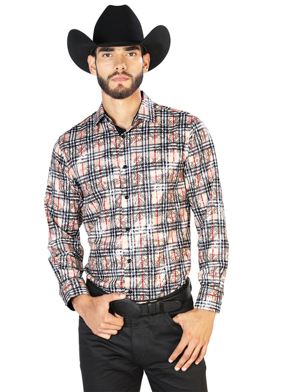 Camisa Vaquera de Hombre El Señor de los Cielos WH7-173 Manga Larga Casual en 97% Poliéster 3% Spandex Color Beige/Negro 43852