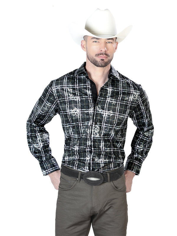 Camisa Vaquera de Hombre El Señor de los Cielos WH7-172 Manga Larga Casual en 97% Poliéster 3% Spandex Color Negro/Beige 43853