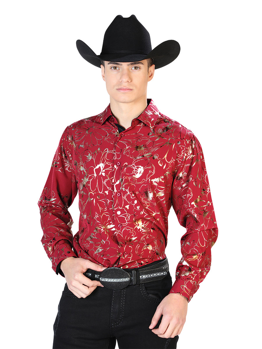 Camisa Vaquera de Hombre El Señor de los Cielos WH7-208 Manga Larga Casual en 97% Poliéster 3% Spandex Color Vino 43861