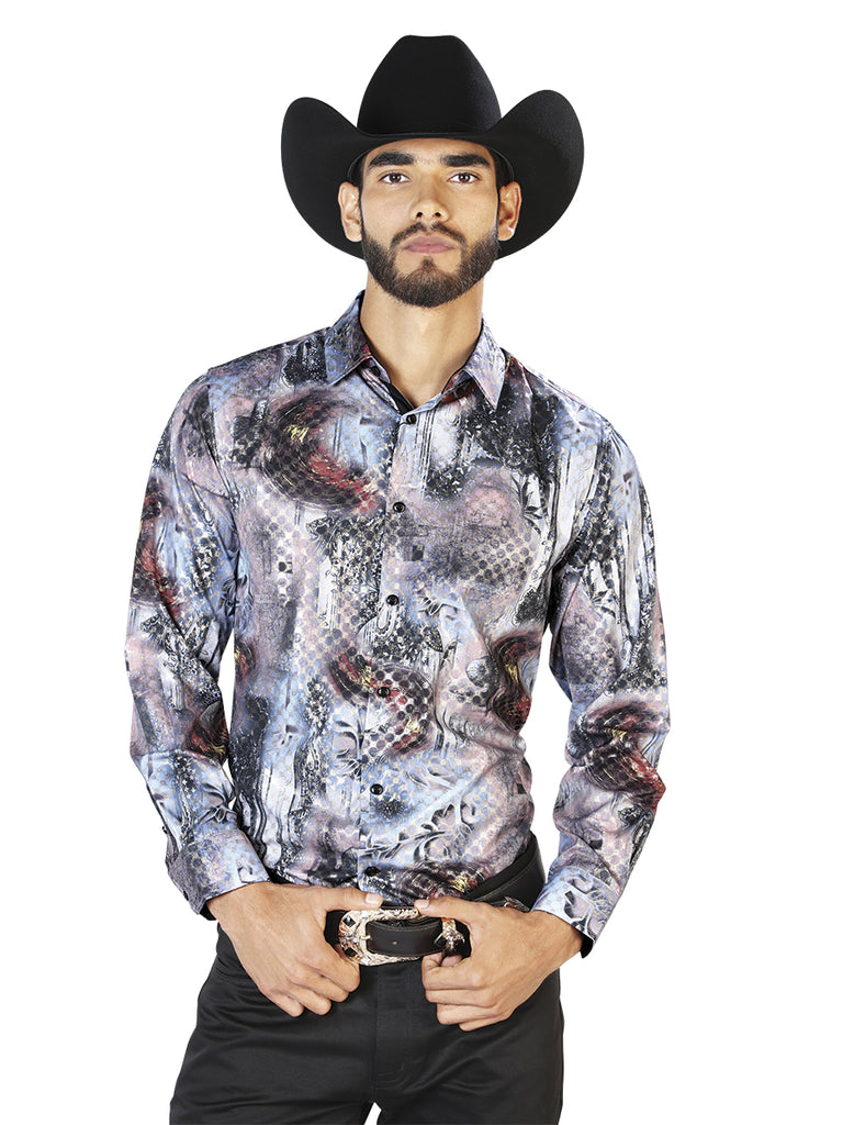 Camisa Vaquera de Hombre El Señor de los Cielos WH7-064 Manga Larga Casual en 97% Poliéster 3% Spandex Color Negro/Multicolor 43871