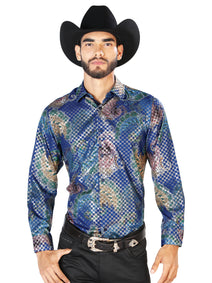 Azul Estampado Casual Manga Larga Camisa 43873