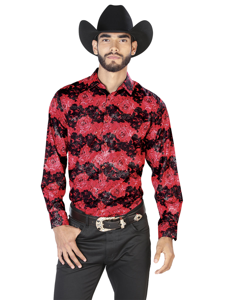 Camisa Vaquera de Hombre El Señor de los Cielos WH7-047 Manga Larga Casual en 97% Poliéster 3% Spandex Color Rojo 43874