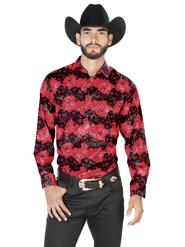 Camisa Vaquera de Hombre El Señor de los Cielos WH7-047 Manga Larga Casual en 97% Poliéster 3% Spandex Color Rojo 43874