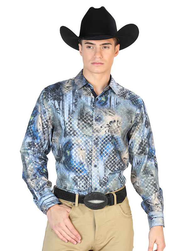 Camisa Vaquera de Hombre El Señor de los Cielos Manga Larga Casual en 97% Poliéster 3% Spandex Color Negro/Multicolor 43878