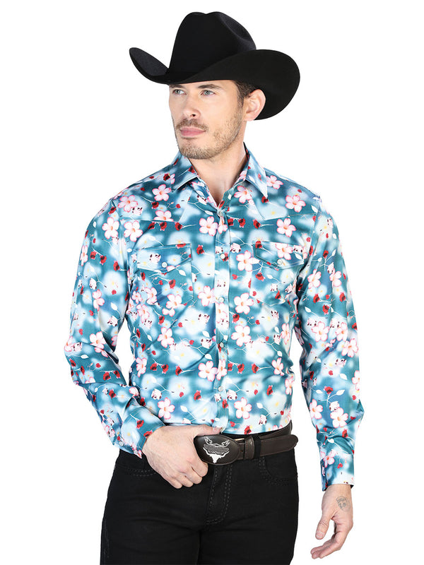 Camisa Vaquera de Hombre El Señor de los Cielos Manga Larga Broche Casual en 97% Poliéster 3% Lycra Color Aqua 43943