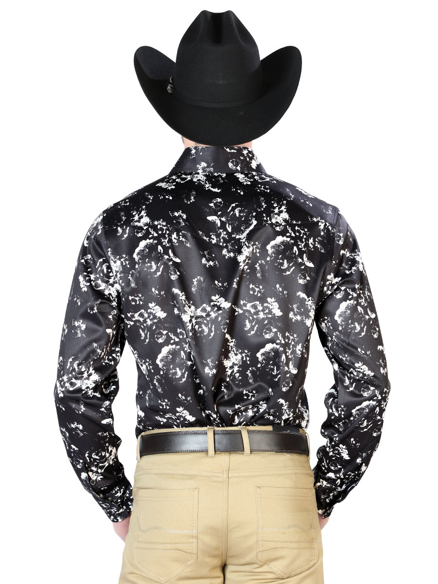 Camisa Vaquera de Hombre El Señor de los Cielos Manga Larga Broche Casual en 97% Poliéster 3% Lycra Color Negro/Beige 43946