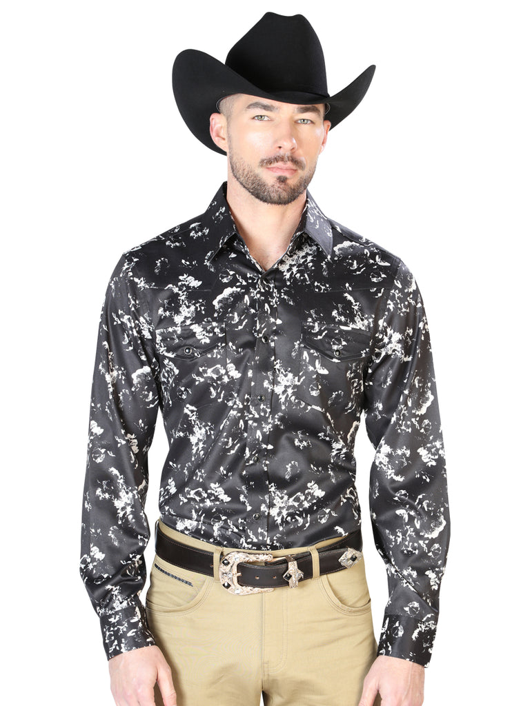 Camisa Vaquera de Hombre El Señor de los Cielos Manga Larga Broche Casual en 97% Poliéster 3% Lycra Color Negro/Beige 43946