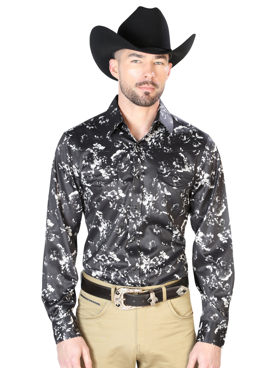 Camisa Vaquera de Hombre El Señor de los Cielos Manga Larga Broche Casual en 97% Poliéster 3% Lycra Color Negro/Beige 43946